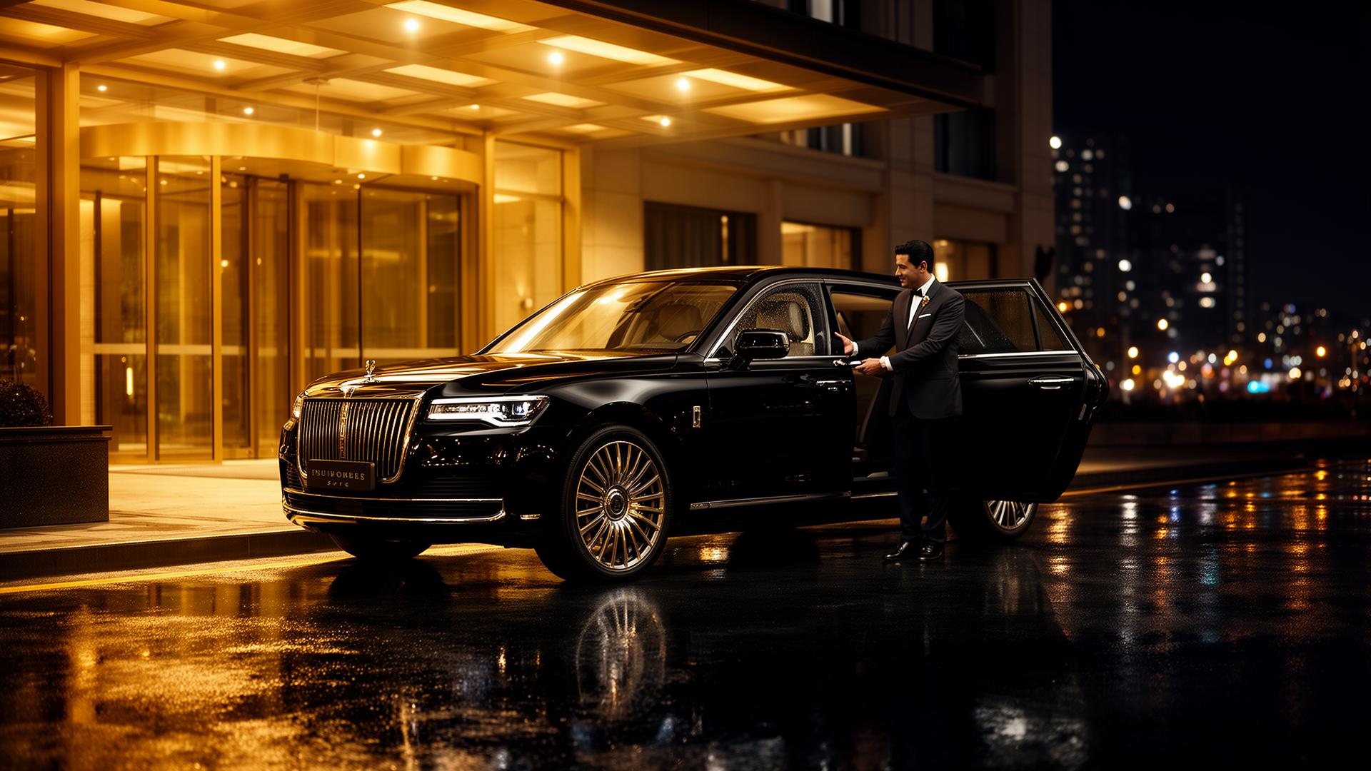 SUV ejecutivo negro con chofer profesional frente a hotel premium en México